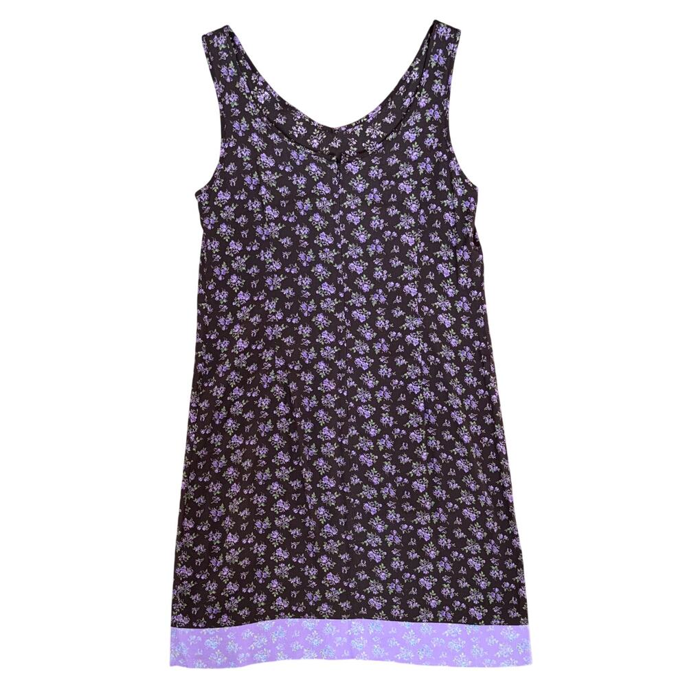 Vintage 90s Brown Floral Mini Dress Purple Contrast Hem Sleeveless Boho M